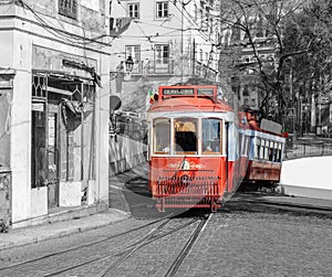 Red retro tram in Lisbon.