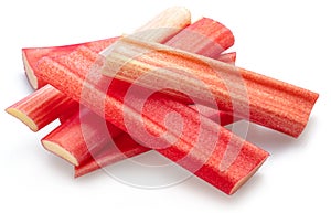 Red rhubarb stems' cuts isolated on white background