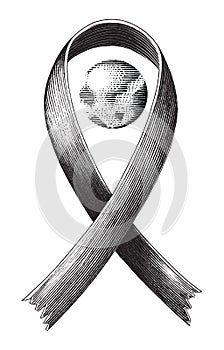 The red ribbon of AIDS symbol and globe hand draw vintage engraving style isolated on white background