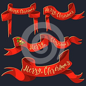 Red ribbon banner Merry Christmas. Vector set