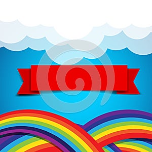 Red ribbon banner on rainbow clound and sky background photo