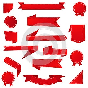 Red ribbon banner set. Red promotional labels. Flat red ribbon for promotion, discount label on sale of goods. Vector