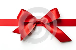 Red ribbon bow on card note white background wrapping. Copy text space