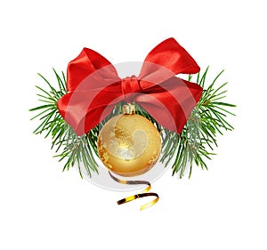Red ribbon bow and Christmas decoration with yellow ball and pin