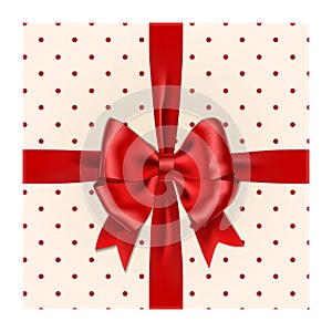 Red ribbon bow with gift box vector isolated on white background. Realistic ribbon bow top-down view