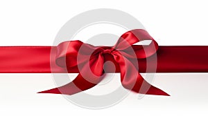 Red ribbon bow on left of long ribbon for banner isolated on white background with copy space
