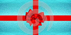 Red ribbon bow over shiny ice blue texture. Holidays gift card