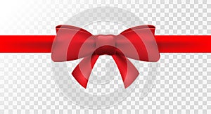 Red ribbon with red bow. Vector isolated bow decoration for holiday present. Gift element for card design