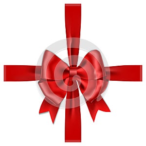 Red ribbon bow vector isolated on white background. Realistic ribbon bow top-down view. Gift bow dec