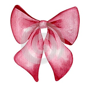 Red ribbon bow. Watercolor Christmas decoration element. Girl hair accessory