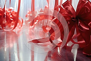 red ribbon bows on a frosted glass surface