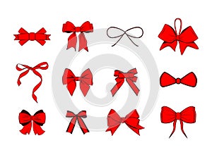 Red ribbon bows set. Design Elements Collection. Vector Illustration On White