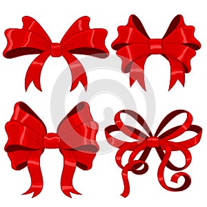Red ribbon bows. Silky 3d design element