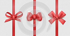 Red ribbon bows. Vertical silk ribbon with decorative bow gift decoration collection. Realistic festive tape for