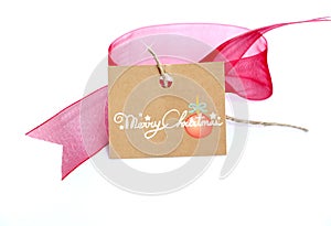 red ribbon and brown carton card with text on white