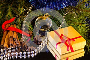 red ribbon on Christmas box with gifts