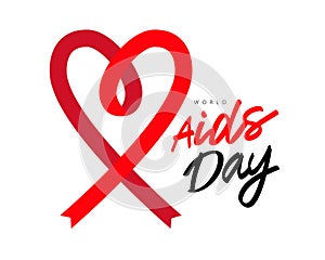 Red ribbon folded in the shape of a heart. Poster about the need to understand the problem of AIDS. AIDS Memorial Day. AIDS Day