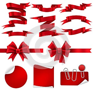 Red ribbon and gift bows. Silk decorative shiny tape banners, label and sticker for christmas discount offer. Realistic