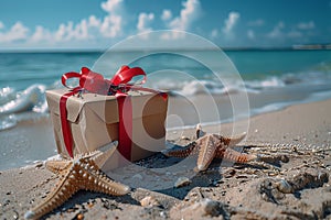 A red ribbon gift box with a starfish by the ocean on a sandy beach