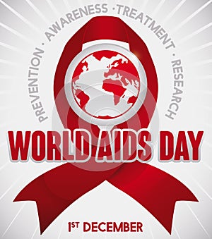 Red Ribbon with Globe and Precepts for World AIDS Day, Vector Illustration