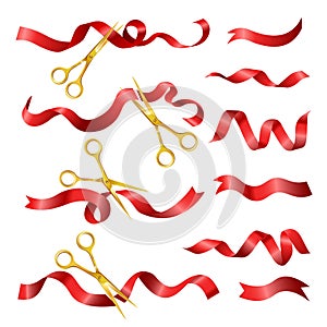 Red ribbon and golden scissors cutting for ceremony opening vector isolated 3D icon
