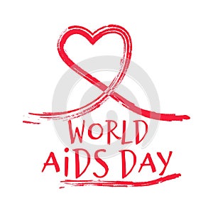 Red ribbon in heart shape with sketch affect with text world aids Day, symbol isolated on white background. December disease