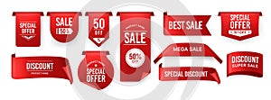 Red ribbon label. Price discount promotion banner, special offer sticker. Vector isolated set