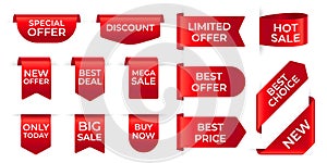 Red ribbon labels. Shopping exclusive stickers and big sale tag, new offer, discount. Silk scarlet promotional event