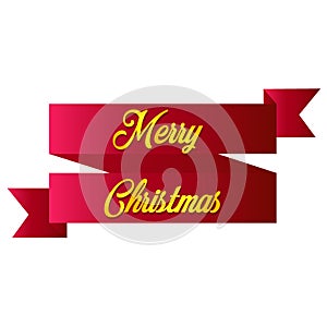 Red ribbon realistic detailed curved paper Merry Christmas banner isolated on white background.