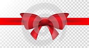 Red ribbon with red bow. Vector isolated bow decoration for holiday present. Gift element for card design photo