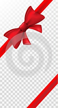 Red ribbon with red bow. Vector isolated bow decoration for holiday present. Gift element for card design