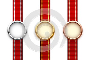 Red ribbon set with 3d grosgrain texture and gold, silver and bronze trim on border photo