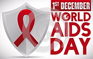 Red Ribbon in Shield to Commemorate World AIDS Day, Vector Illustration