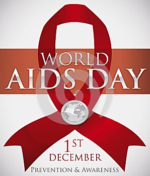 Red Ribbon with Silver Badge Commemorating World AIDS Day, Vector Illustration