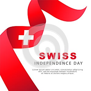 Red ribbon of the Swiss flag with a white cross. Swiss Independence Day. Federal holiday in honor of the founding of Switzerland