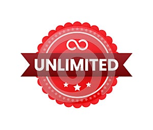 Red ribbon on Unlimited text on white background. Promotion sign. Vector stock illustration