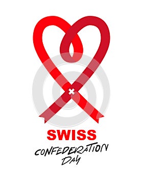 Red ribbon with a white cross. Concept of the Swiss flag. Confederation Day in Switzerland. Vector illustration