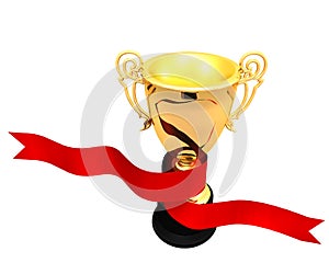 Red ribbon wrapping around a trophy cup