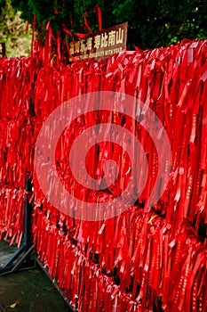 Red ribbons for luck in the Valley of Longevity Nanshan Park. Sanya, Hainan.