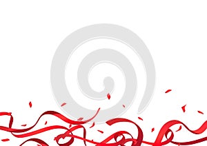 Red ribbons and paper confetti fall on white background, celebrate decoration holiday party vector