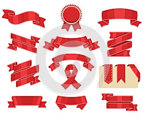 Red ribbons set, isolated on white background. Decorative ribbon banner collection.