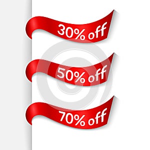 Red ribbons with text 30% 50% 70% off on white background Isolated Element of design of advertising banners posters promotion