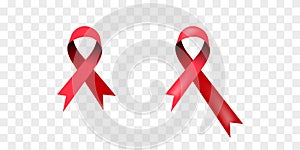 Red ribbons for World Aids Day on the transparent background. Vector set of realistic isolated
