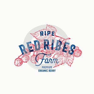 Red Ribes Farm Abstract Vector Sign, Symbol or Logo Template. Hand Drawn Berries with Leaves Sketch with Retro photo