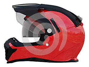 Red rider helmet for race with black or white accesories on a white background 3d rendering