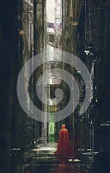 Red Riding Hood in futuristic alley,science fiction scene photo