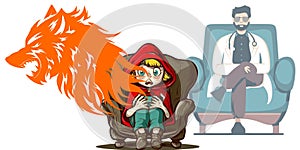 Red riding hood phobia fear of wolf counseling doctor vector graphics illustration