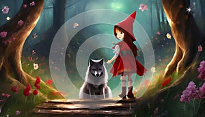red riding hood with a wolf in a fairytale fantasy forest