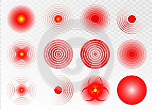 Red rings of pain to indicate localization of pain in different parts of the human body such as the back, neck, head