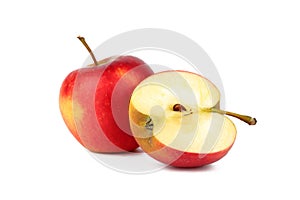 Red ripe apple with fresh sliced apple piece isolated on white